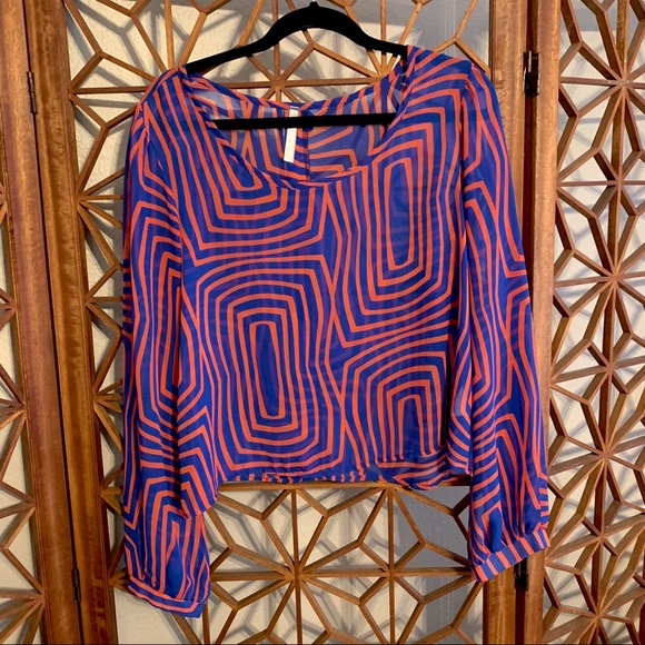 Mona B Tops - Retro Pattern Sheer Long Sleeve Blouse